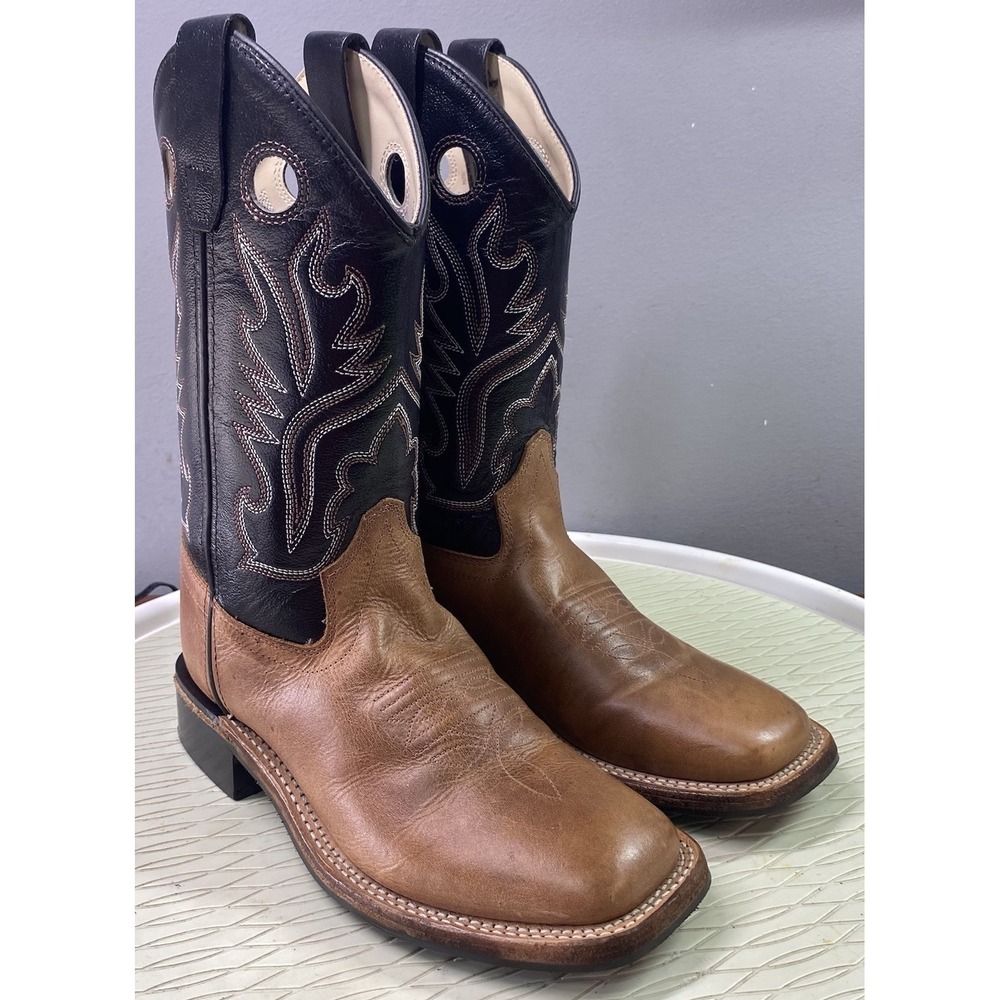Old West Boys Leather Western Cowboy Kids Riding Boots Brown&Black Youth Sz.2 D